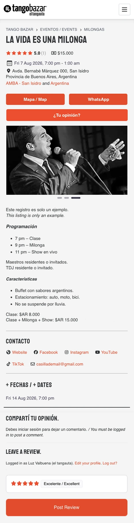 Ficha individual de eventos o lugares - Vista en móviles